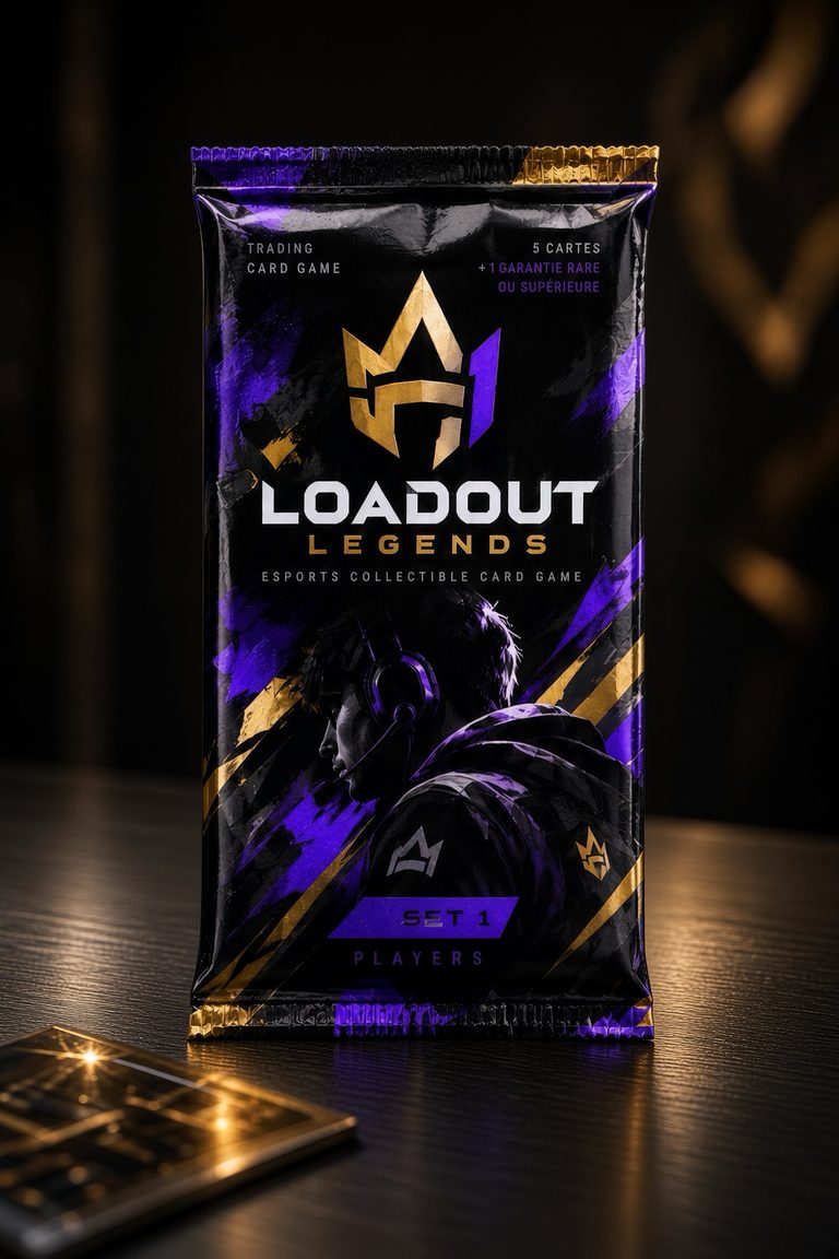Booster Loadout Legends Set 1 Players posé sur un bureau sombre, une carte dorée à côté