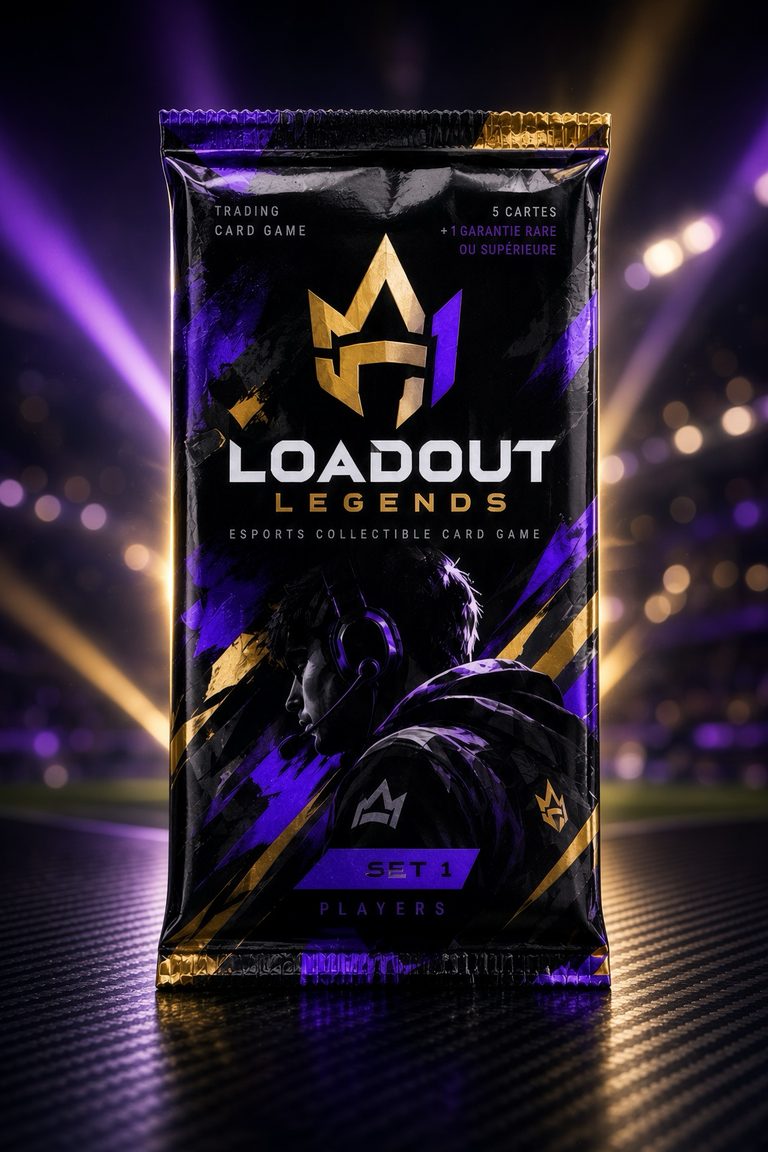 Booster Loadout Legends Set 1 Players dressé sur un parquet d’arène, projecteurs violets et dorés en fond